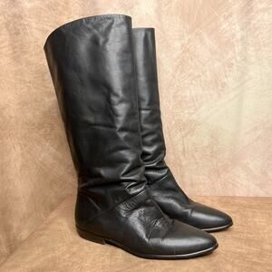 Vintage 90s Black Leather Knee High Go Go Boots Pointed Toe Goth Streetwear Euro